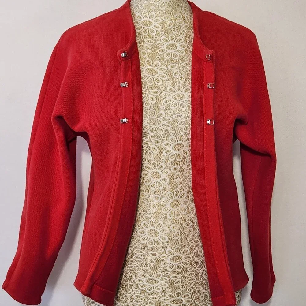 Chico's Size 2/12-L Red Long Sleeve 3/4 Clasp Front Cardigan Sweater Jacket City